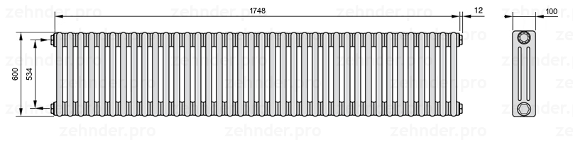 Схема (чертеж) Радиатор Zehnder Charleston 3060/38 №1270 Белый глянцевый RAL 9016